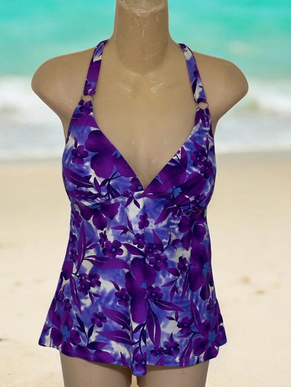 Tropical Escape Purple Floral Halter Tankini Top